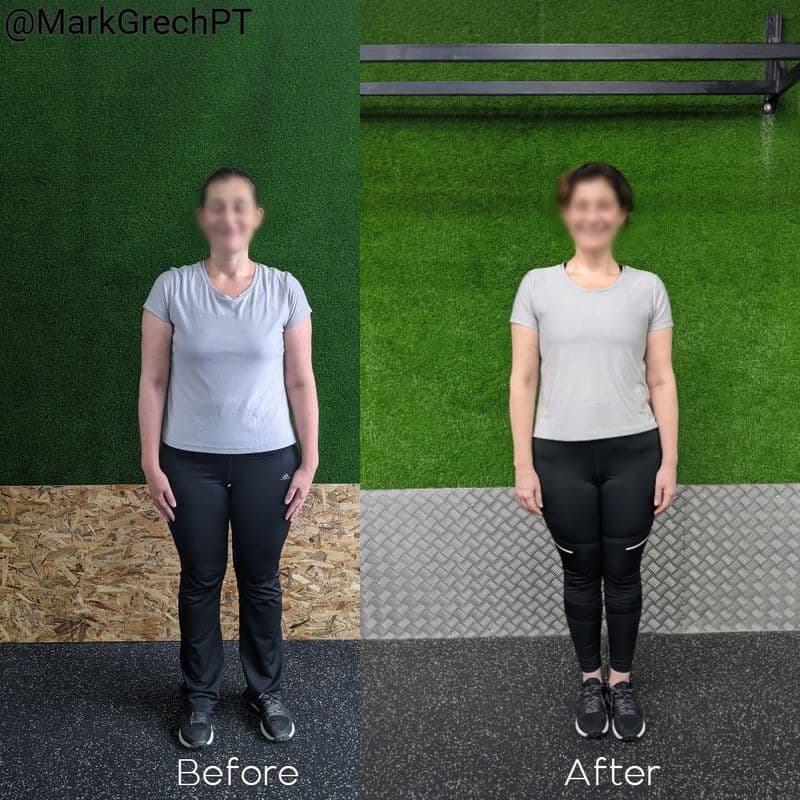 A client photographed from the front, before and after