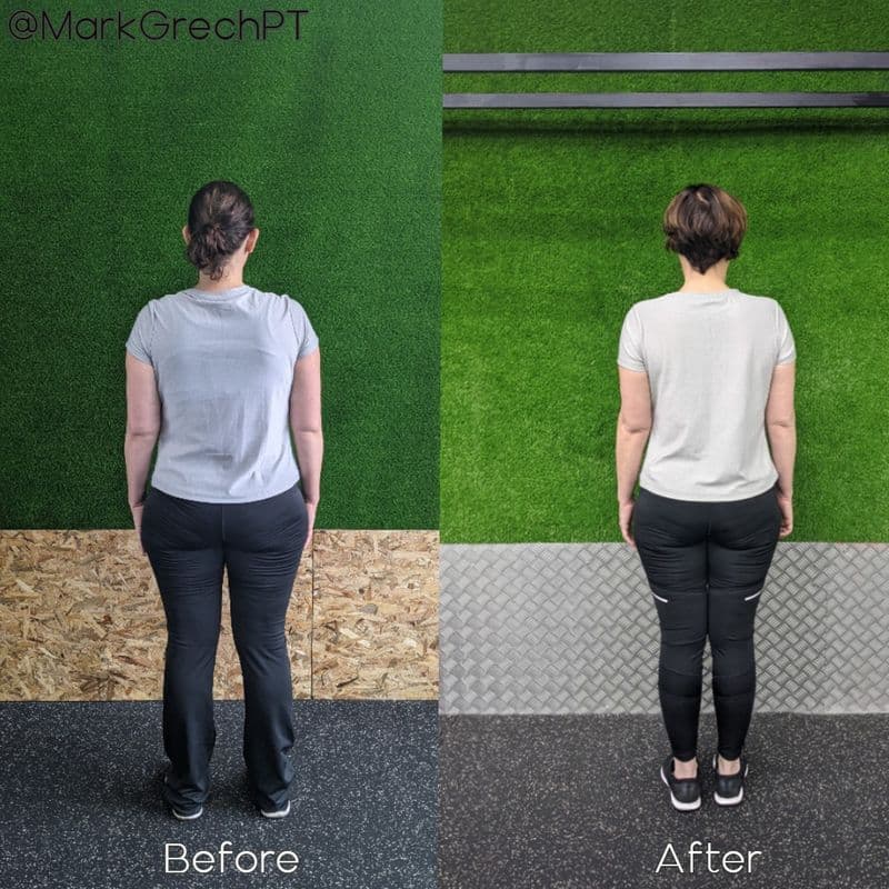 A client photographed from behind, before and after